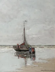 Fischerfrauen bei einem Boot am Strand